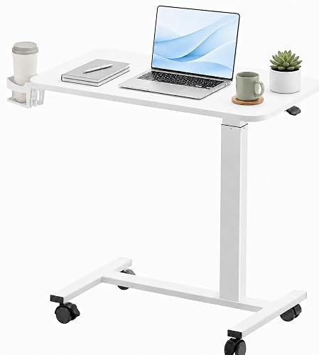 GTPLAYER Small Standing Desk with Wheels, Pneumatic Mobile Rolling Laptop Desk,Adjustable Height Overbed Bedside Table Computer Workstation for Home Office (28" W x 16" D, Ivory White)