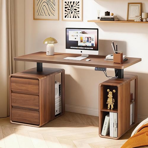Henstatech 55" Wood Electric Standing Desk with Drawers and Storage Shelves | Office Desk Height Adjustable Executive Desk Simple Setup Desk Home Office Stand up Desk for Work, Study, Writing, Walnut