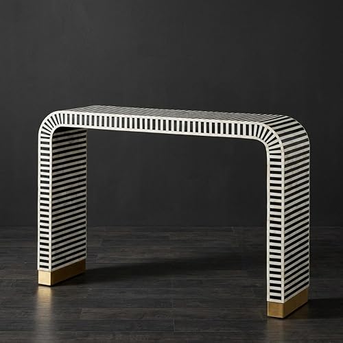Narrow Striped Console Table Curved Entryway Accent Desk Behind Sofa | Black White Striped Console Table Curved Waterfall Edge Narrow Entryway Accent Desk Behind Sofa Hallway 43 Inch