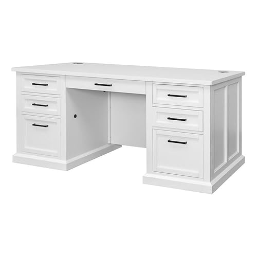 Pemberly Row Modern Wood Executive Desk, 68 in x 28 in x 30 in, Fully Assembled, White Finish, Ergonomic Design, Locking Files, Wire Management, Home Office Desk for Workspace or Media Room Use
