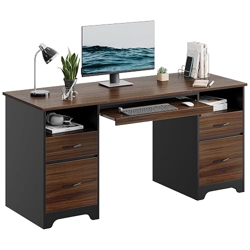 Bestier 59” Computer Desk with 4 Drawers, Office Desk with Storage, Industrial Executive Desk with File Drawer, Keyboard Tray & 2 Pedestals for Home Office & Studio, Cherry