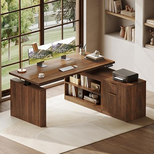 OffiGo Fluted 55 Inch L Shaped Electric Standing Desk with Storage, Walnut | 1" Thick Desktop, Reversible L Shaped Standing Desk, Corner Sit Stand Table for Home Office, Computer Workstation