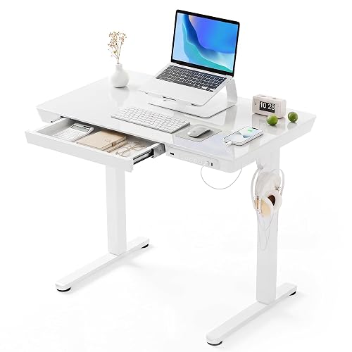 Claiks Small Glass Standing Desk with Drawers & USB Ports 32x19 White | 3 Steps Quick Install, Buil in Drawer, USB Ports, Ultra White One-Piece Glass Top, Writable Top