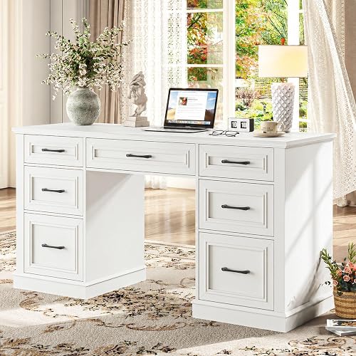 Vabches Farmhouse 59'' Executive Desk with File Drawers, Cream White | Large Wood Home Office Workstation with Ample Storage,Rustic Writing Desk for Study