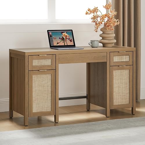 SICOTAS Rattan Home Office Desk with Storage, 52" Boho Executive Desk | Large Computer Table with 3 Drawers and 2 Cabinets, Farmhouse Writing Table for Study, Office, Living Room, Oak