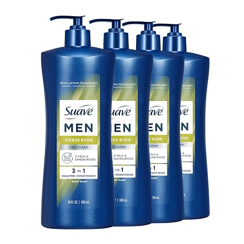 Suave Men Citrus Rush Daily Clean 3 in 1 Shampoo, Conditioner & Body Wash with Glycerin & Keratin Hydrates & Smooths Hair, Citrus Scent, 4 Count, 28 FL OZ Pump