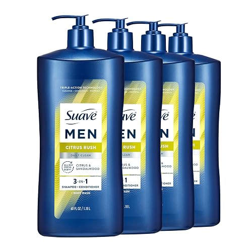 Suave Men Citrus Rush 3 in 1 Shampoo, Conditioner, Body Wash, 4-Pack | Conditioner, body wash & shampoo for men with glycerin & keratin that hydrates & smooths hair, citrus scent, 40 fl oz pump