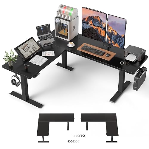 FEZIBO Triple Motors 25mm Tabletop L Shaped Standing Desk, 75" X 63" Electric Standing Gaming Desk Adjustable Height, Corner Stand up Desk with Splice Board, Black Frame/Black Top