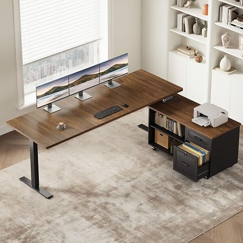 OffiGo 63" L Shaped Electric Standing Desk with Cabinet Sets, Walnut/Black | Mobile Drawers & File Cabinet Sets for Flexible Layout, Height Adjustable Executive Stand Up Desk for Home Office Workstation