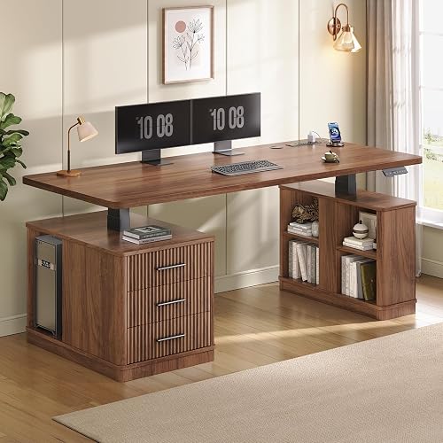 SEDETA 63" Fluted Electric Standing Desk with 3 Drawers, Storage Shelves | Height Adjustable Computer Desk with Power Outlets, 28"W Desktop, Wood Home Office Stand up Desk for Work, Study, Brown