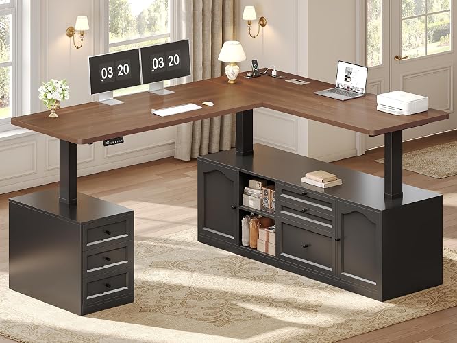 SEDETA Farmhouse L Shaped Executive Electric Standing Desk with 6 Drawers | 69" x 55" Height Adjustable Office Desk with Storage Shelves, Power Outlet, Sit Stand Computer Desk for Home Office, Black