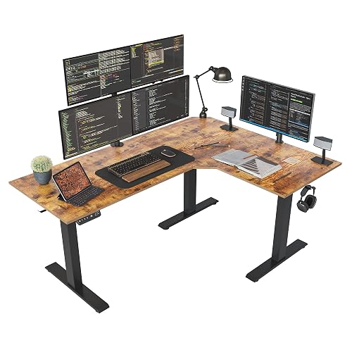 FEZIBO Triple Motor 63" L Shaped Standing Desk, Electric Standing Gaming Desk Adjustable Height, Corner Stand up Desk with Splice Board, Black Frame/Rustic Brown Top