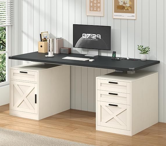 YOMILUVE 60" Farmhouse Electric Standing Desk with Drawers for Home Office | Height Adjustable Computer Desk with 4 Drawers & Storage Shelves, Wood Sit Stand Desk with Power Outlets for Work, Study