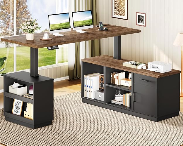 RALGEND 63'' L Shaped Electric Standing Desk with Storage for Home Office | Height Adjustable Executive Desk, Farmhouse L Shaped Desk with Cabinet, Corner Computer Desk with Power Outlets, Black Walnut