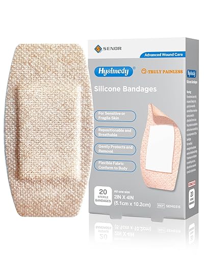 Hysimedy Silicone Bandages for Sensitive Skin 2x4 Inch Painless Removal | 20 Counts Knee Latex Free Hypoallergenic Breathable Long-lasting Extra Large Adhesive Bandages for Wounds Geriatric Children