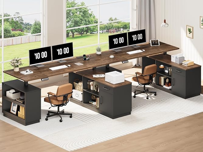 RALGEND 2 Pack L Shaped Standing Desk with Storage Drawer for Home Office | Height Adjustable Executive Desk, Farmhouse L Shaped Desk with Cabinet, Corner Computer Desk with Power Outlets, White Walnut