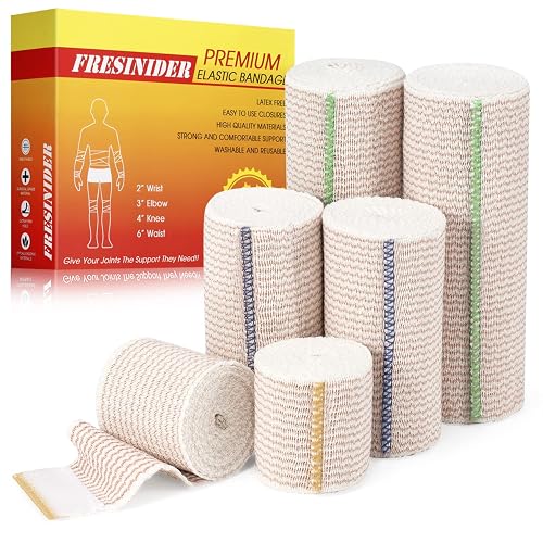 FRESINIDER Premium Elastic Bandage Wrap, 6-Pack Mix, Hook-and-Loop Closure | 2 Each of 2, 4 and 6 Inch Widths; Cotton Compression Wraps for Wrist, Elbow and Knee, for Everyday Support and Sports Use