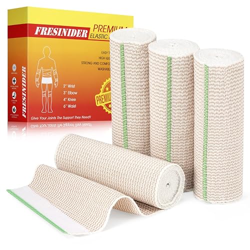 FRESINIDER Premium Elastic Bandage Wrap 6 Inch, 4 Pack, Hook and Loop | Extra-Wide 6-Inch Cotton Compression Wrap for Thigh, Shoulder and Large Leg; Secure Ends for Swelling and Injury Recovery.