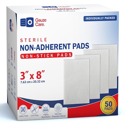 Gauze Care 3x8 Inch - Pack 50 Non-Stick Gauze Pads for Wounds, Non-Adherent, Highly Absorbent, Painless Removal, Individually Wrapped for Extra Protection