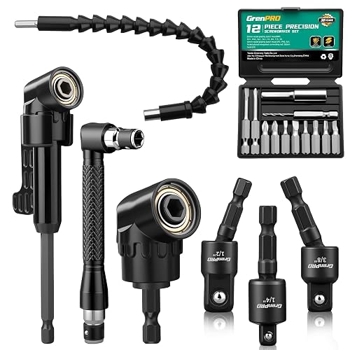 GRENPRO 19-Piece Flexible Drill Bit Extension Kit, 2 Right Angle Adapters | Two 105° Right Angle Attachments, 3 Rotating Socket Adapters, 12 Screwdriver Bits and a Bendable Extension for Tight Spaces