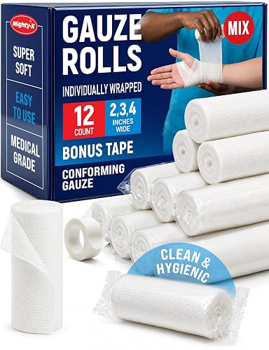 Gauze Rolls - 12pk - Soft & Breathable Gauze Bandage - 4x2”,4x3”,4x4” - 4yd | Latex-Free Premium Individually Wrapped Bandages Easy to Use - First Aid Conforming Stretch Gauze for Wound Care Mummy Wrap