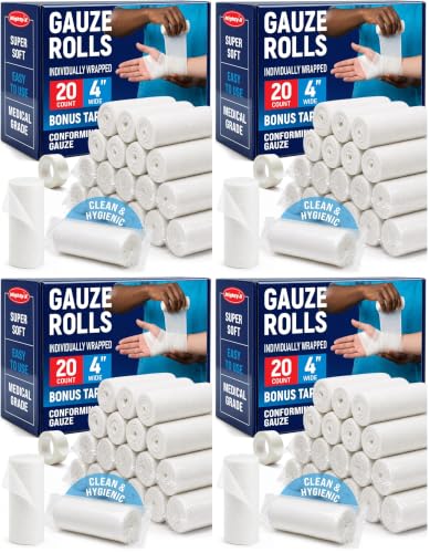Premium Gauze Rolls - (80 Pack) - 4" x 4.1yd First Aid Rolled Gauze - Individually Wrapped + Bonus Tape - Breathable Conforming Gauze Wrap Roll for Wounds
