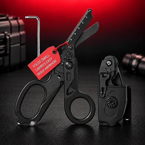 6-in-1 Folding Trauma Shears with Pocket Clip and Holster, Carbon Black | Carbon Black blades and handles; pocket clip and belt holster; 5.1 in folded; six integrated functions