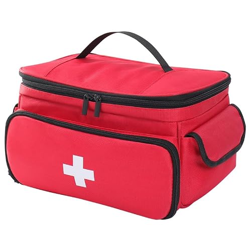 HentuYue Large First Aid Bag, Red Medical Supply Organizer With Multiple Compartments, PVC Interior, Elastic Straps, Emergency Kit Storage (Red)