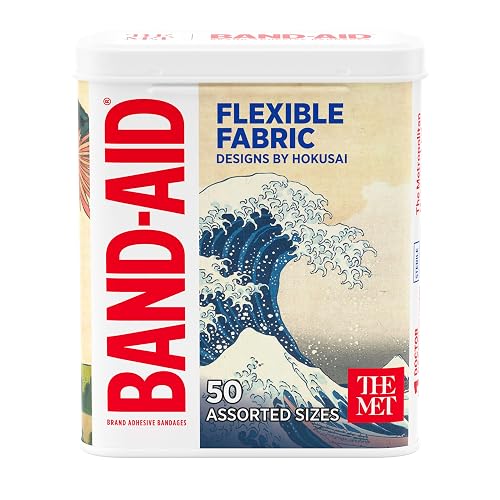 BAND-AID Brand Flexible Fabric Adhesive Bandages, Hokusai Designs, 50 Count | Comfortable Protection, First Aid Wound Care Featuring Assorted Designs by Katsushika Hokusai for Minor Cuts, Scrapes & Burns