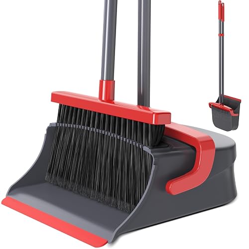 Zeawec Broom with Dustpan Set for Pet Hair & Dust Cleanup, Red & Gray | Long Handle Upright Standing Self-Cleaning Broom and Dustpan Set for Indoor Outdoor Use for Home, Kitchen, Office