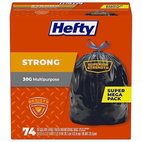 Hefty Strong 30 Gallon Trash Bags with Drawstrings, Black, Unscented, 74ct | Bulk 30G Large Trash Bags, Resists Leaks, Punctures, Tears, Ideal for Party Cleanup, Donations, Storage, Multipurpose Uses