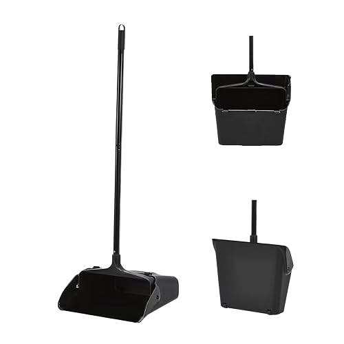 Primero Basics Standing Dustpan，Upright Commercial dust pan | Pivoting ，Long Handle and Wheels，Large Capacity, Heavy Duty，for Indoor Outdoor, Home and Restaurant Cleaning, Black