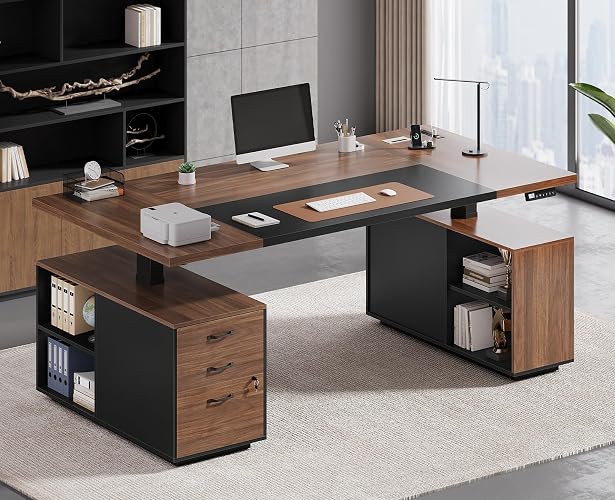 AODEMOKO 71" Electric Standing Desk with Drawers, Electric Height Adjustable Executive Desk with Lockable File Cabinet, Home Office Desk, Open Storage Compartments, Built-in Power Outlet, Black