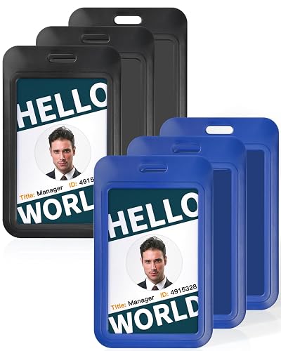 Uniclife 6 Pack Sliding ID Badge Holder Vertical Hard Plastic Case with Clear Window Black&Blue Card Protector Pouch for Office School ID Credit Cards Proximity Key Cards Driver’s Licenses and Passes