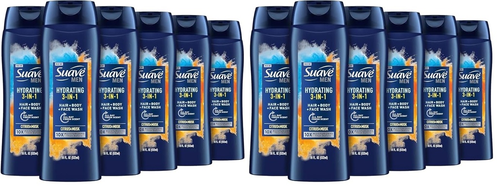 Suave Men Moisturizing Body, Face and Hair Wash, 3-in-1 For Hydrated Skin and Hair, Citrus & Musk scent, No Parabens, No Phtahaltes, 18 Oz, (Pack of 12)