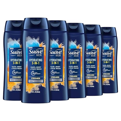 Suave Men Moisturizing Body, Face and Hair Wash, 3-in-1 For Hydrated Skin and Hair, Citrus & Musk scent, No Parabens, No Phtahaltes, 18 Oz Pack of 6