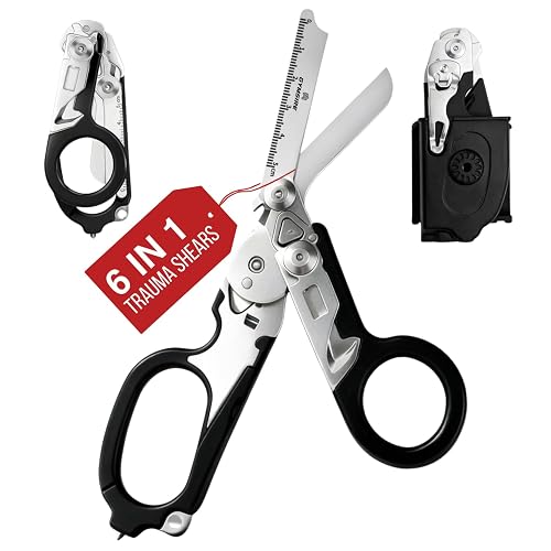 Heavy Duty 6 in 1 Multifunctional Trauma Shears Foldable | Stainless Steel emergency response scissors | Survival Shears with Holster | Medical Trauma shears Tactical With Strap Cutter | Black