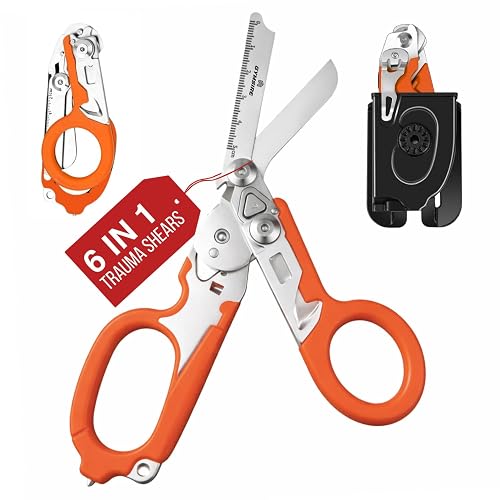 Heavy Duty 6 in 1 Multifunctional Trauma Shears Foldable | Stainless Steel emergency response scissors | Survival Shears with Holster | Medical Trauma shears Tactical With Strap Cutter | Orange