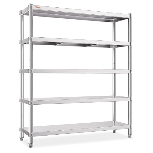 VEVOR Stainless Steel Shelving 60x18.5 Inch 5 Tier Adjustable Shelf Storage Unit Stainless Steel Heavy Duty Shelving for Kitchen Commercial Office Garage Storage 330lb Per Shelf