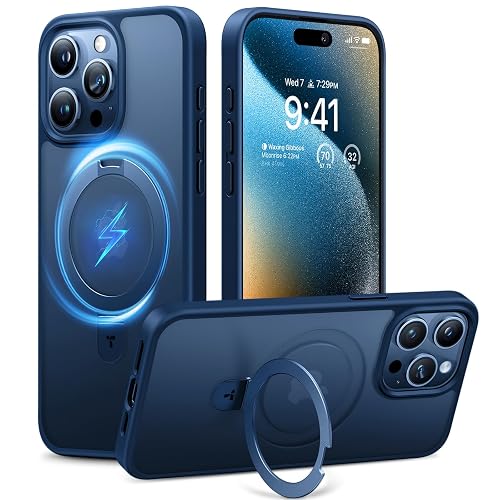 TORRAS Magnetic Ostand for iPhone 15 Pro Max Case Mil-Grade Drop Tested | Compatible with MagSafe, Build in Kickstand, Translucent Slim Soft Edge Anti Fingerprint 6.7 2023, Blue Titanium