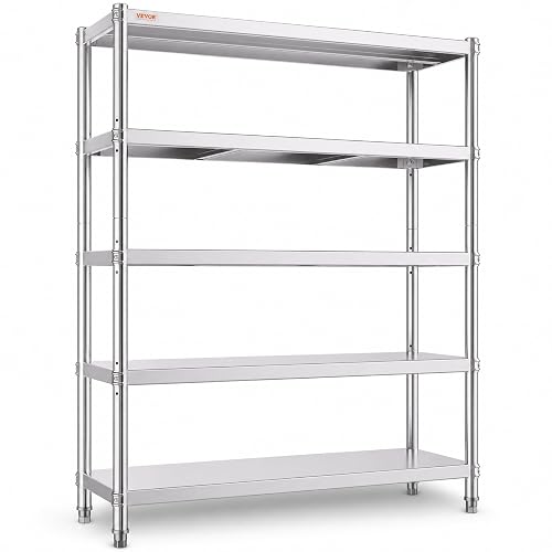 VEVOR Stainless Steel Shelving 48x18.5 Inch 5 Tier Adjustable Shelf Storage Unit Stainless Steel Heavy Duty Shelving for Kitchen Commercial Office Garage Storage 330lb Per Shelf