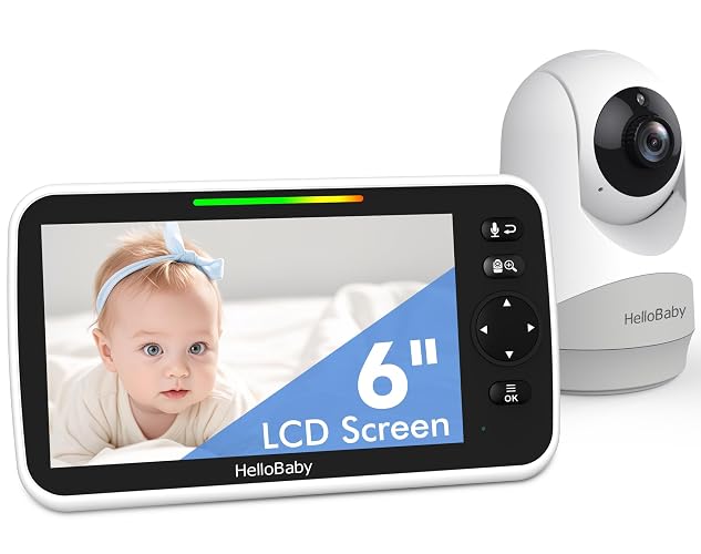 HelloBaby 6" IPS Large Screen Baby Monitor with Camera and Audio, No WiFi | 4000mAh Battery, Night Vision, Remote Pan-Tilt-Zoom Camera, ECO Mode, 2-Way Talk, Temperature Monitoring, 8 Lullabies