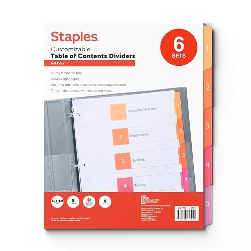 Staples Customizable Table of Contents Numeric Dividers, Paper, Multicolor, 5-Tabs, 6 Sets