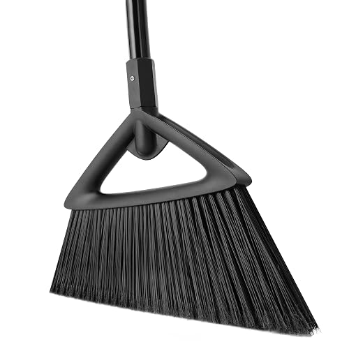 Eyliden Angle Broom with 57" Long Handle, Outdoor Indoor, Black | Heavy-Duty Cleaning, Also Works Well Fine Dust - PET Bristles, Commercial Sweeper for Courtyard Sidewalk Deck Kitchen Lobby