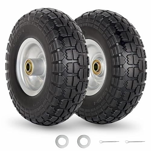 GICOOL 4.10/3.50-4" Flat Free Tire and Wheel for Hand Truck Trolley 2 Pack | 10" Heavy Duty Solid Tire, 5/8" Axle Bore Hole, 2.2" Offset Hub, for Wheelbarrows, Garden/Utility Carts, Dolly, Wagons