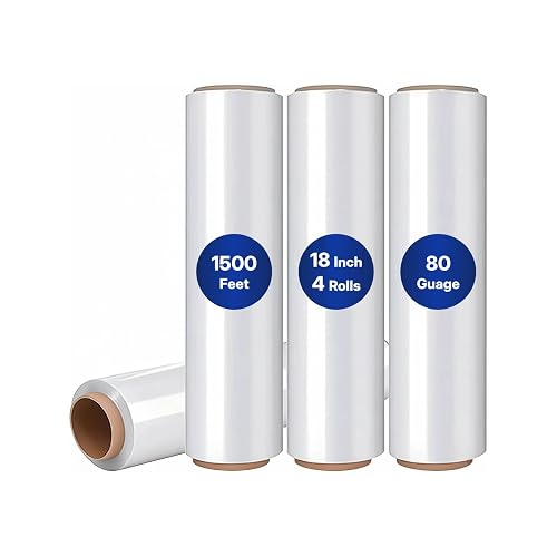 NorthSky Industrial Stretch Wrap, 18" x 1500', 80 Gauge, Up to 800% Stretch, Clear Heavy Duty Self-Adhering Plastic Film for Pallet Packing Moving Shipping Box of 4 Rolls