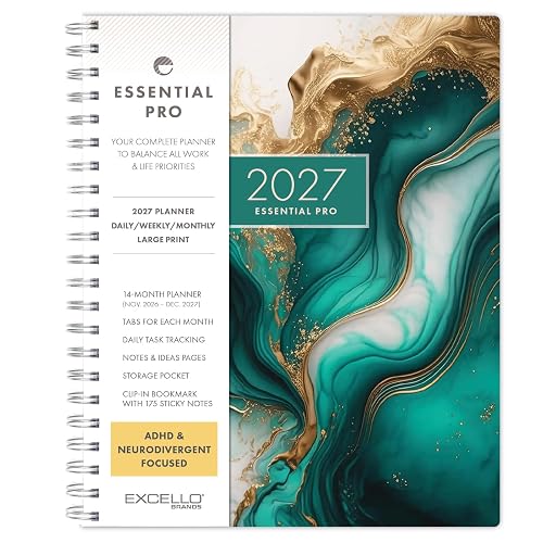 Excello 2027 Essential Pro Weekly Planner, 8.5 x 11, Teal Gold Marble | 14-month calendar planner with monthly tabs, daily tracking, notes pages, storage pocket, bookmark and sticky notes.