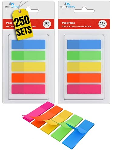 1InTheOffice Page Markers Tabs, Sticky Note Tabs, Page Tabs, Assorted Multicolor, 0.5" Wide, 250/Pack