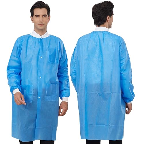 Greenour Disposable Lab Coat Blue SMS with Pockets for Adult, M-2XL | Breathable SMS material, Anti-penetration, Knitted Collar and Cuffs, Suitable for Factories, Cleaning Scenarios