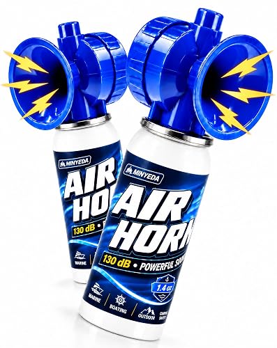 MINYEDA Air Horn, Compact Boat Horn for Marine Safety, 130dB, Blue, 2 Pack | Marine Air Horn, Handheld Boat Horn, 1.4 oz Each, No Batteries Needed, for Boating, Camping, Hiking and Sporting Events